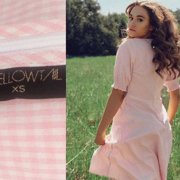 B.Yellowtail Spring pink gingham indigenous designer puff sleeve dress xs - Picture 1 of 7